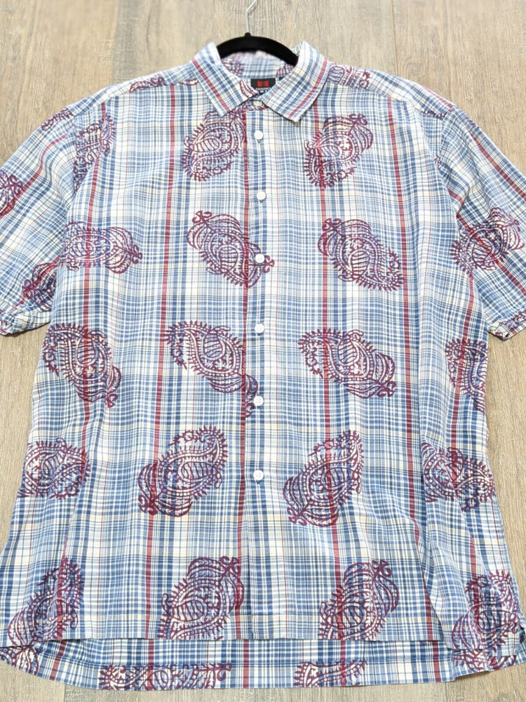 EMERGENCY Exit Shirt Mens Large Blue Short Sleeve Casual Button Down Colorful